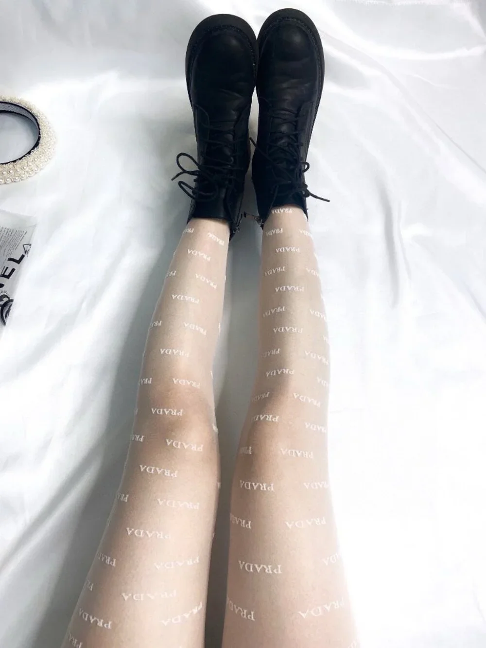 ✨ Prada logo flocked sheer white letter pattern stockings